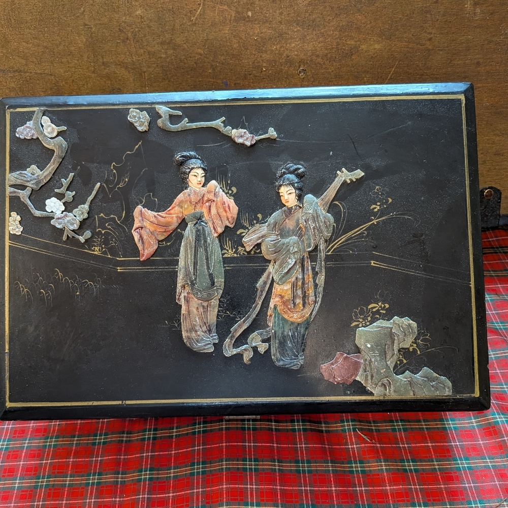 Vintage Asian Chinoiserie Laquerware Jewelry Box With Jade and Stone Accents